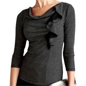 Anthropologie Deletta Black & Gray Striped Ophelia Ruffle & Lace Knit Top,Size M